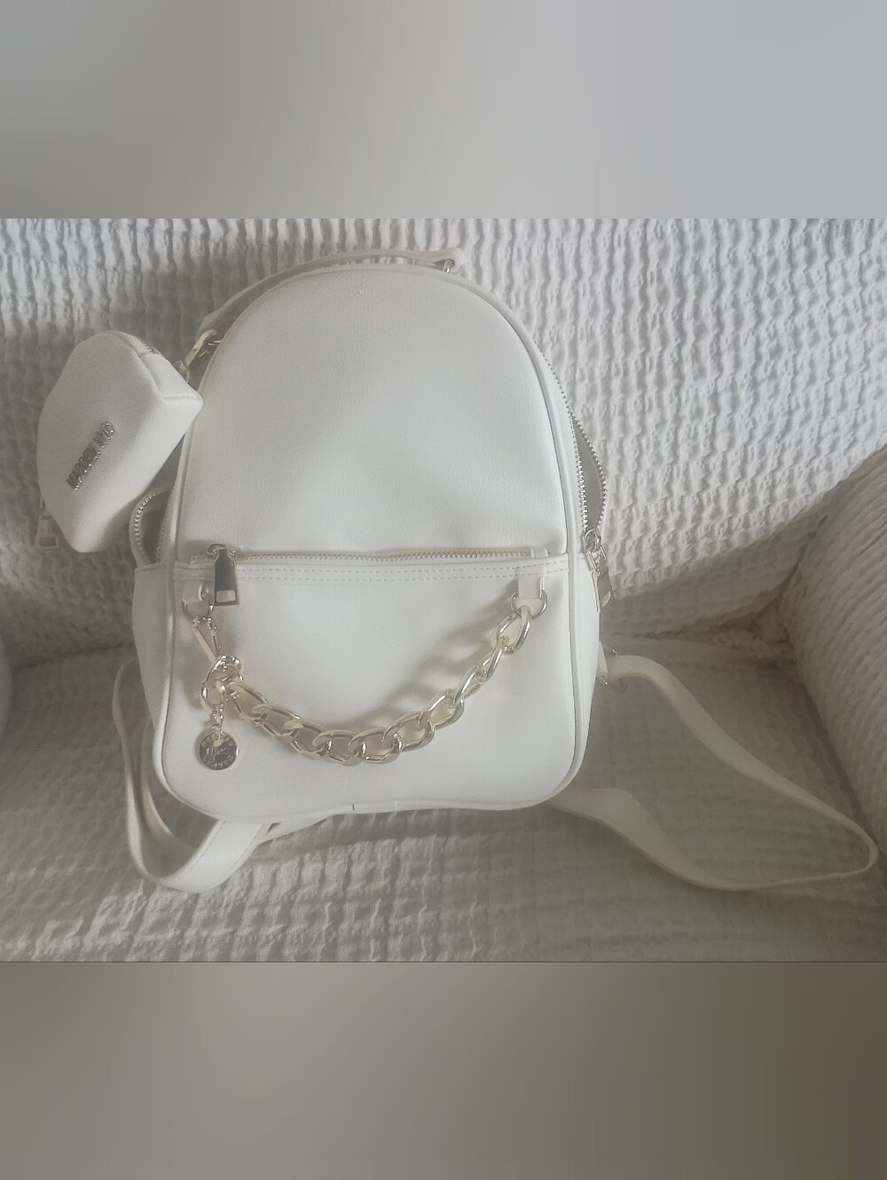 Cream Mini Backpack with Gold Chain Accent